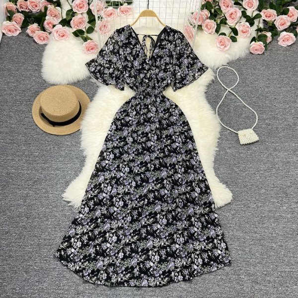 Floral V-Neck Dress Beach Vacation Style Chiffon A-Line Long Dresses