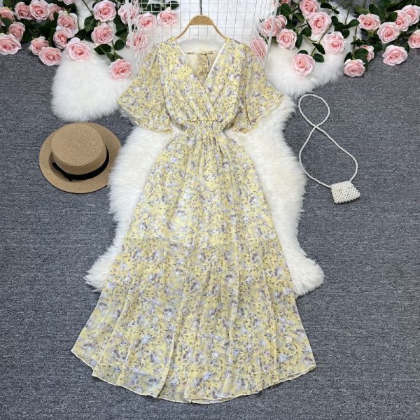 Floral V-Neck Dress Beach Vacation Style Chiffon A-Line Long Dresses